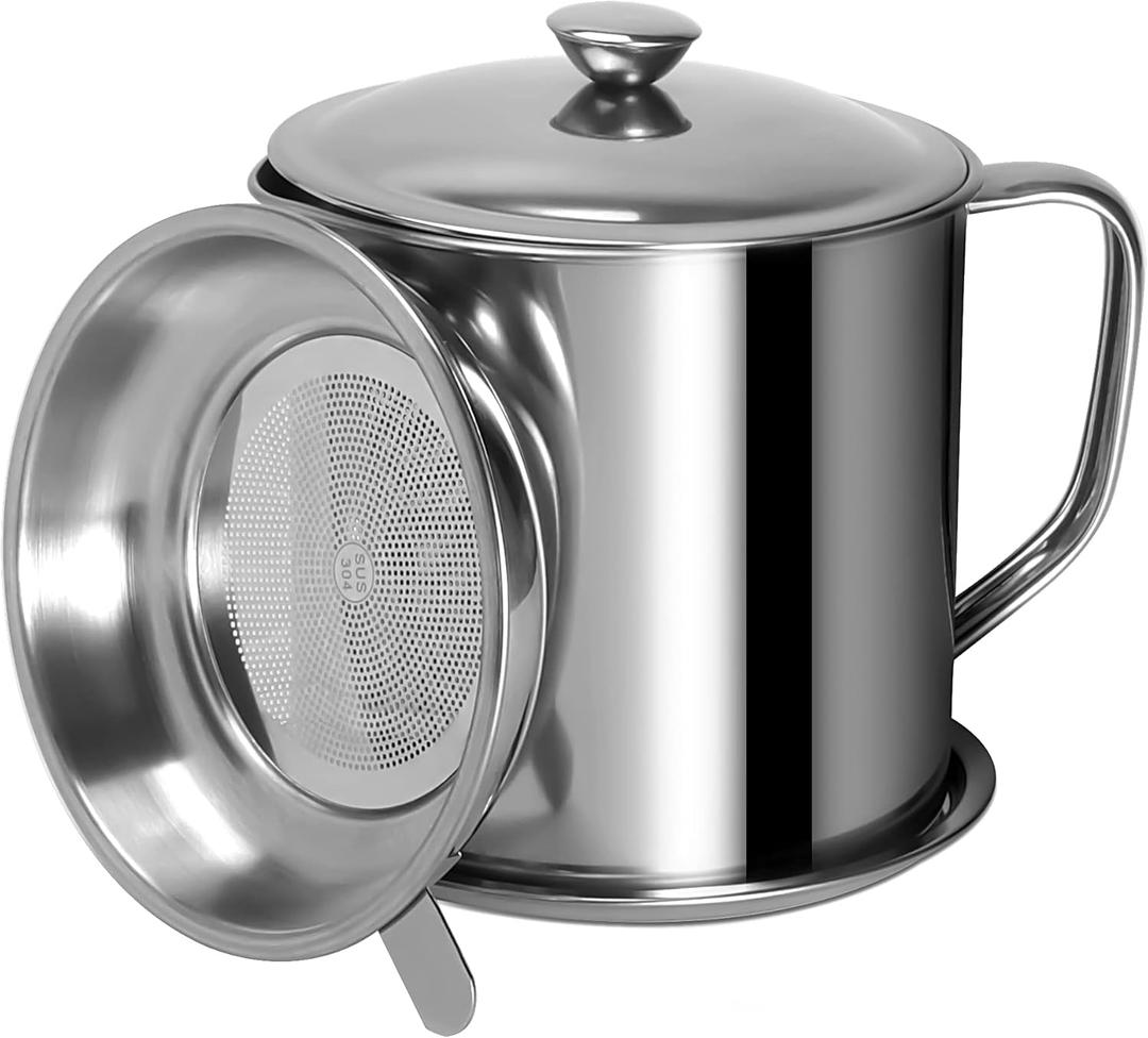 Tellshun Bacon Grease Container with Strainer 1.25 L / 42 oz Strong Kitchen Catcher Food-grade Stainless Steel Cooking Oil Keeper with Lid and Easy-Grip Handle Suitable for Storing Frying Oil