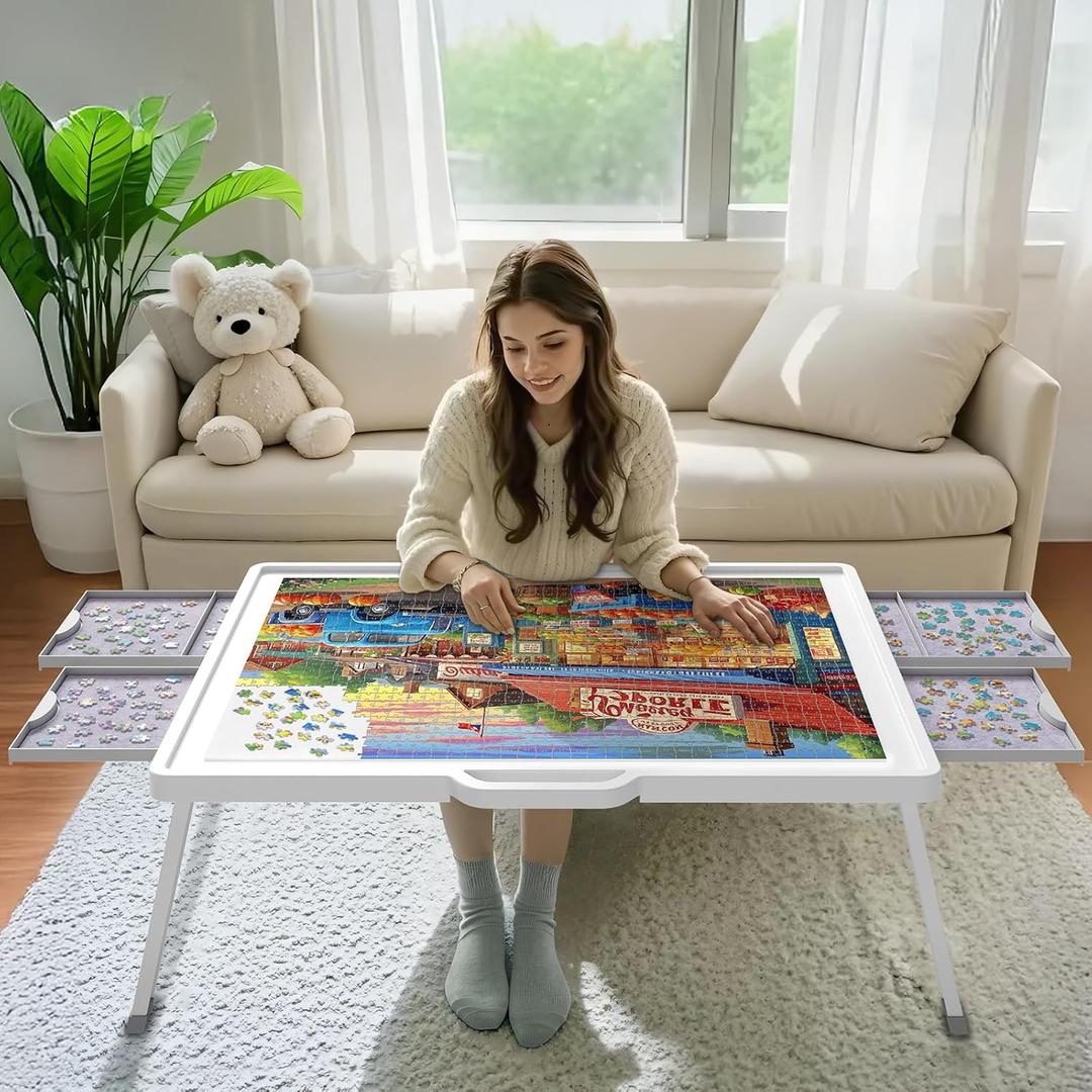 Lifewit 1500 Piece Puzzle Table with Foldable Legs, Divided Drawers, Extra Felt Trays, Protective Cover, 33.3" x 25.4", ABS Plastic, White