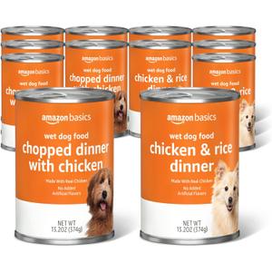 Amazon Basics Chopped Ground Dinner Wet Dog Food Variety Pack, Chicken and Rice Flavor and Chopped Dinner with Chicken, Made with Natural Ingredients, 13.2oz Cans (Pack of 12)