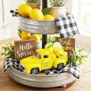 Lemon Truck Decor with Mini Fake Lemons, Vintage Metal Farmhouse Tiered Tray Decor for Home Kitchen, Summer Lemon Tabletop Centerpiece, Lemonade Stand Decorations,1 Set