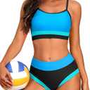Charmo Women High Waisted Bikini Sets Sporty Color Block Two Piece Swimsuit Scoop Neck Bathing Suits Swimwear (Medium)