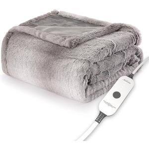 Sunbeam Royal Sherpa Foot Pocket Heated Throw Electric Blanket, 50" x 60", 4 Heat Settings, 4-Hour Auto Shut-Off, Warming Throw for Couch or Bed, Fast Heating, Machine Washable, Grey