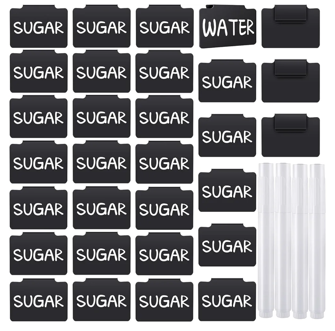 34 Pcs Plastic Basket Bin Label Clip on Removable Basket Label Clip with White Chalk Markers for Kitchen Pantry Storage Fabric Box Hanging Bin