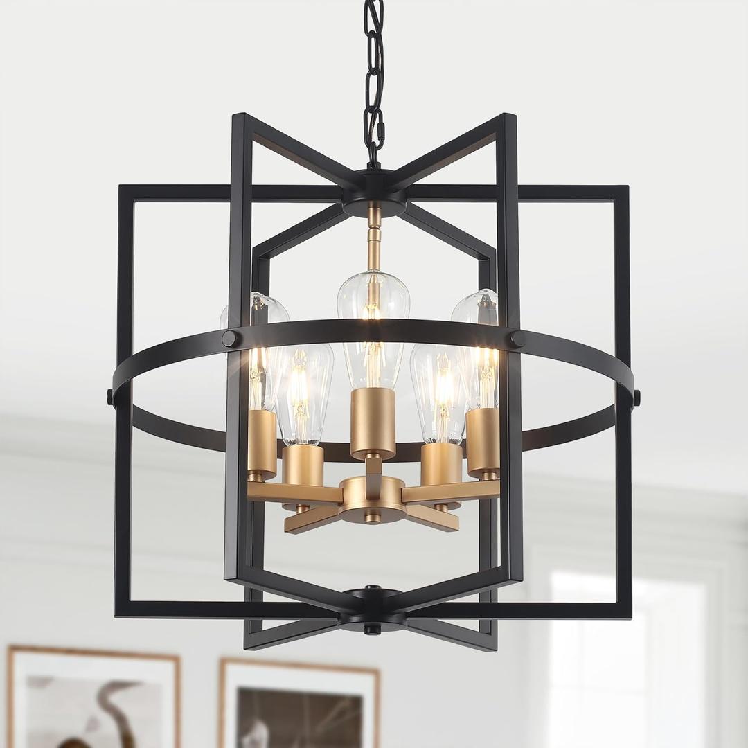 QMNHAU 19'' Black and Gold Chandeliers for Dining Room, 5Light Modern Farmhouse Industrical Pendant Light Fixture Rustic Geometric Hanging Chandelier for Kitchen Island Entryway Hallway Foyer
