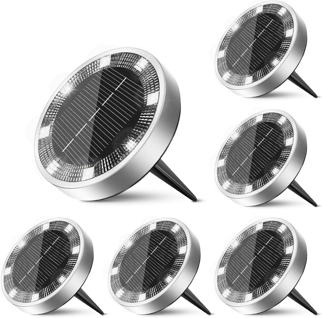 6 Pack Solar Ground Lights Outdoor, 8 LED Mini Flat Solar Disc Lights, IP65 Waterproof Pathway Lights Solar Powered, Landscape Lighting for Garden Walkway Driveway Yard Lawn,Cool White