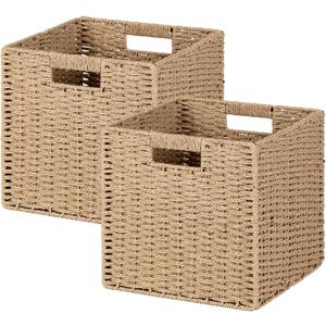 Woven Wicker Storage Baskets 2-Pack, 11x11 Handwoven Paper Rope Organizer Bins, Foldable Cube Storage Cubes with Built-in Handles for Shelves and Closet Organization (Natural Beige)