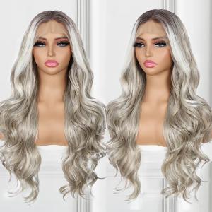 Grey Lace Front Wig for Women 13x4 Body Wave Synthetic Wigs Highlight Pre-plucked Long Wavy 150% Density Natural Heat Resistant Hair Daily Party Use 26 Inch Highlight Grey