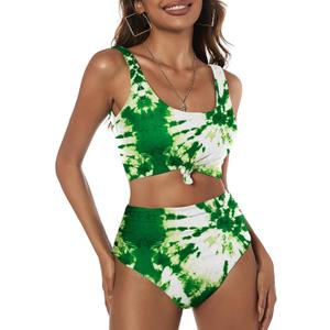 ZAFUL Women's High Waisted Swimsuit Scoop Neck Textured Floral Bikini Set 2 Piece Bathing Suit (Green, XL)