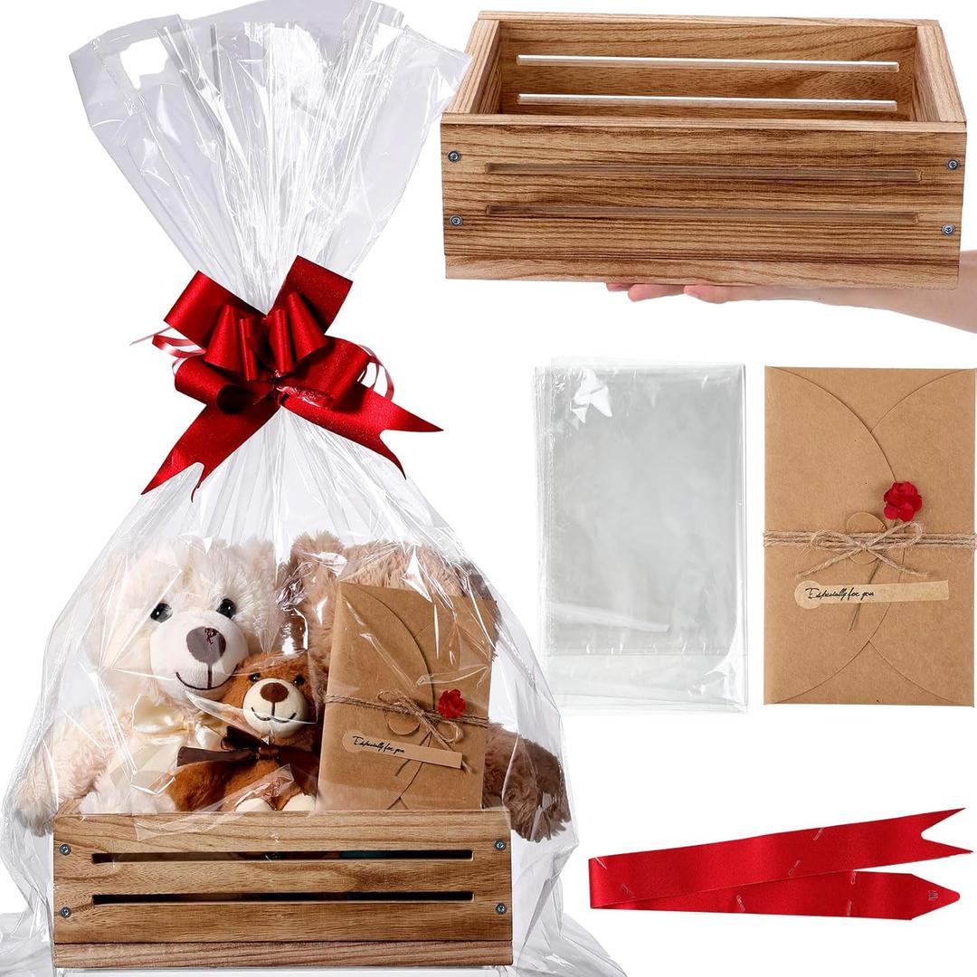 Wonderjune Wooden Baskets for Valentine's Day Gifts Empty Wood Basket with Cellophane Bag Ribbon Greeting Card for Birthday Baby Shower Wedding Housewarming Gifts Packaging(Brown, Small)