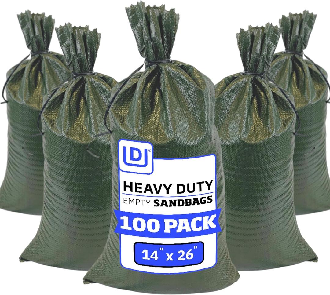 DURASACK Heavy Duty Sand Bags with Tie Strings Empty Woven Polypropylene Sand-Bags for Flood Control with 1600 Hours of UV Protection, 50 lbs Capacity, 14x26 inches, Green, Pack of 100