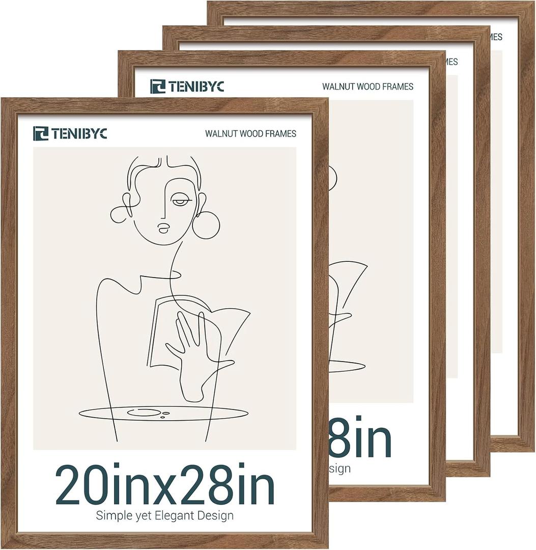 20x28 Picture Frame 4 Pack, Brown Walnut Wood Poster Frame, Horizontal and Vertical Display, Wall Hanging