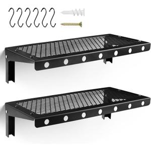 Floating Wall Shelves Set of 2, Black Floating Shelves,Wall-Mounted Bookshelf,Mesh Panel, Used in Living Room, Kitchen, Bathroom, Garage,Folding with Hooks.