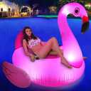 Flamingo Pool Floats Adult, Inflatable Pool Floats with Solar Lights, Thicken PVC Pool Floaties with Cup Holder and Handles, Glow in The Dark Pool Float Ride-On for Lake Party Water Fun