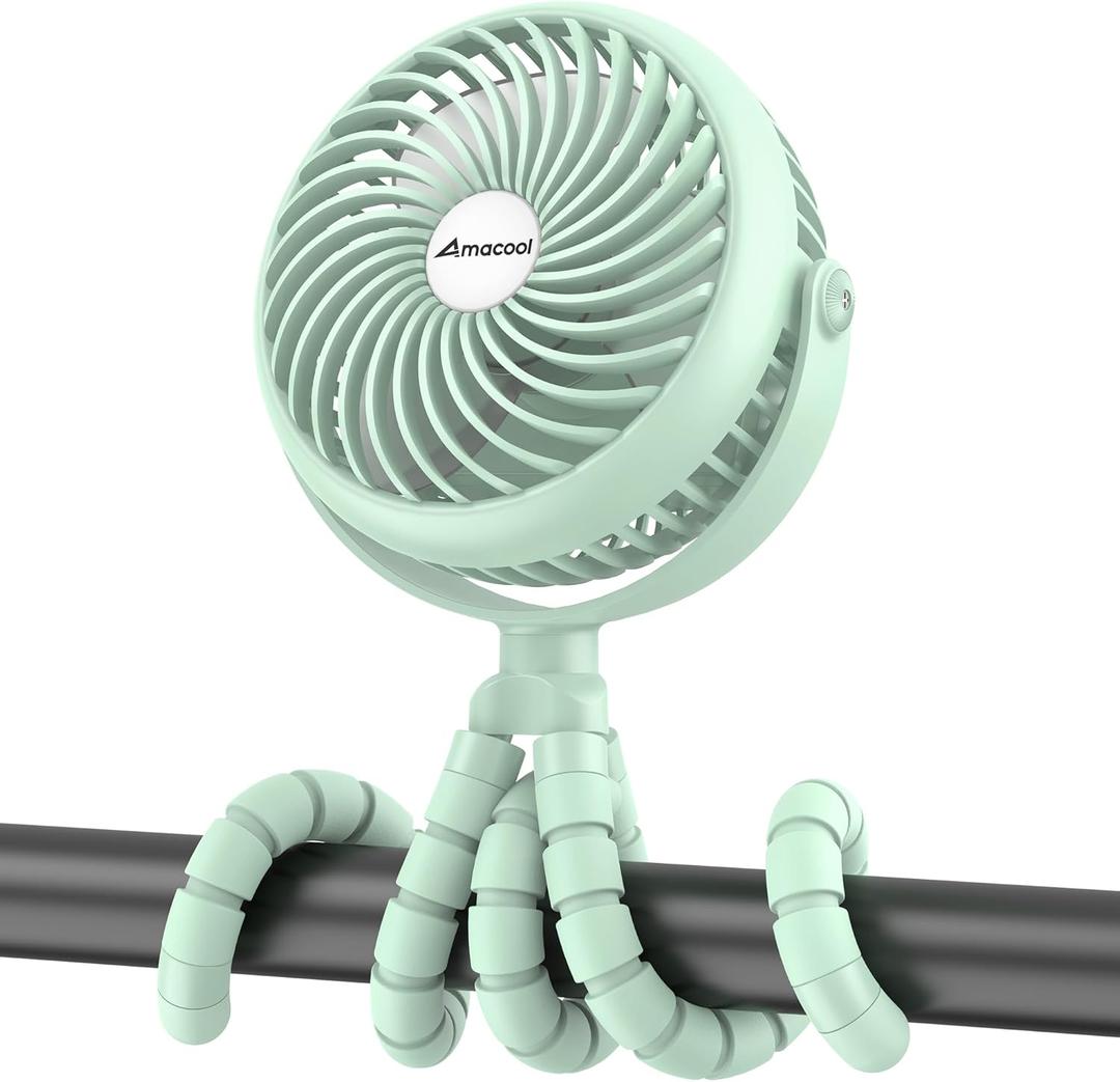 AMACOOL Baby Stroller Fan - 5000mAh Rechargeable, 3-Speed, Strong Yet Quiet, 360Rotate Portable Clip on Fan for Travel, Car Seat, Crib, Bike, Treadmill, Beach Vacation Essentials (Green)