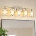 5-Light Brushed Gold Bathroom Light Fixtures Over Mirror, 42" UL-Listed Modern Wall Sconce Lights with Frosted Milk White Glass and Metal Cage for Bath, Hardwire E26, CH9176BNW-5W, 5-Light, 38.5" L