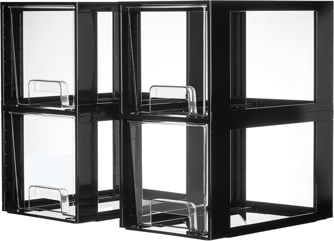 Vtopmart 4 Pack Large Stackable Storage Drawers, Black, Easily Assemble Acrylic Bathroom Closet Undersink Organizers and Storage, Plastic Bins for Kitchen Cabinets, Pantry, Makeup, Medicine Organization