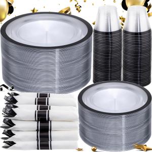 I00000 350 Pcs Clear and Black Plastic Plates,Black Dinnerware Set, Include 50 Dinner and 50 Dessert Plates,50 Plastic Cups,50 Per Rolled Napkins with Cutlery for Happy New Year 2026