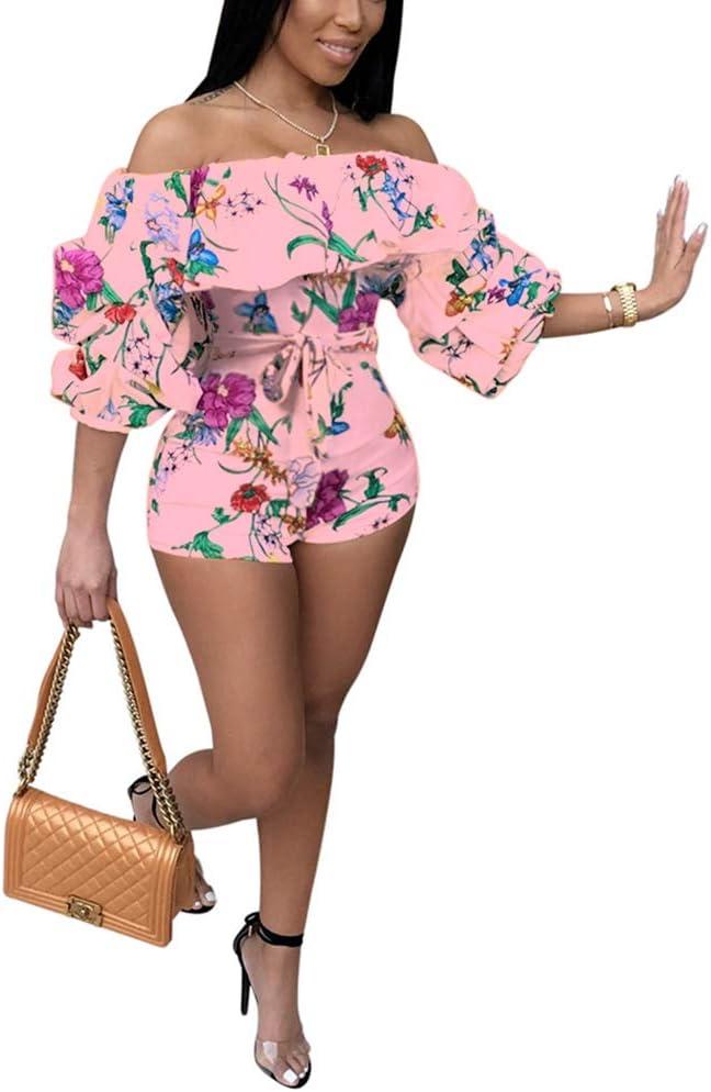 Women Sexy One Piece Romper Outfits Pull Sleeve Floral Print Off Shoulder Short Jumpsuit Pants Set (X-Large, Pink)