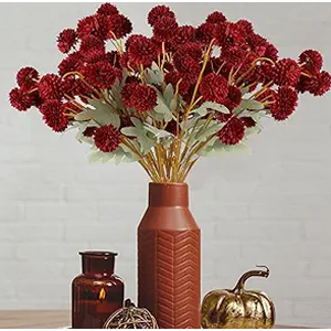 Hananona 10 Pcs Artificial Chrysanthemum Flowers, Red Kiku Pom Pom Mums Flower BurgundyFaux Floral Arrangements Wedding Centerpiece for Fall Autumn Home Kitchen Decor (10, Burgundy)