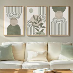 Framed Sage Green Boho Wall Art for Living Room, 3 Piece Minimalist Beige and Green Bohemian Artwork for Walls, Large Geometric Leaf Line Boho Paintings Prints for Bedroom Hallway Wall Decor, 16x24 In
