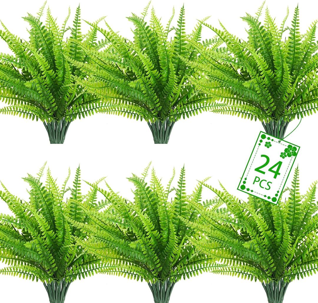 Uieke 24 PCS Artificial Ferns for Outdoors, Fake Boston Fern Plants Greenery Outdoor UV Resistant Bushes Plastic Plants Shrubs for Window Box Front Porch Garden Decor