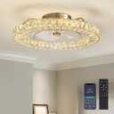 22" Low Profile Flush Mount Ceiling Fan, Ceiling Fan with Light and Remote, Dimmable Fandelier with Crystal Lampshade, Bladeless Enclosed Fan Light-Gold