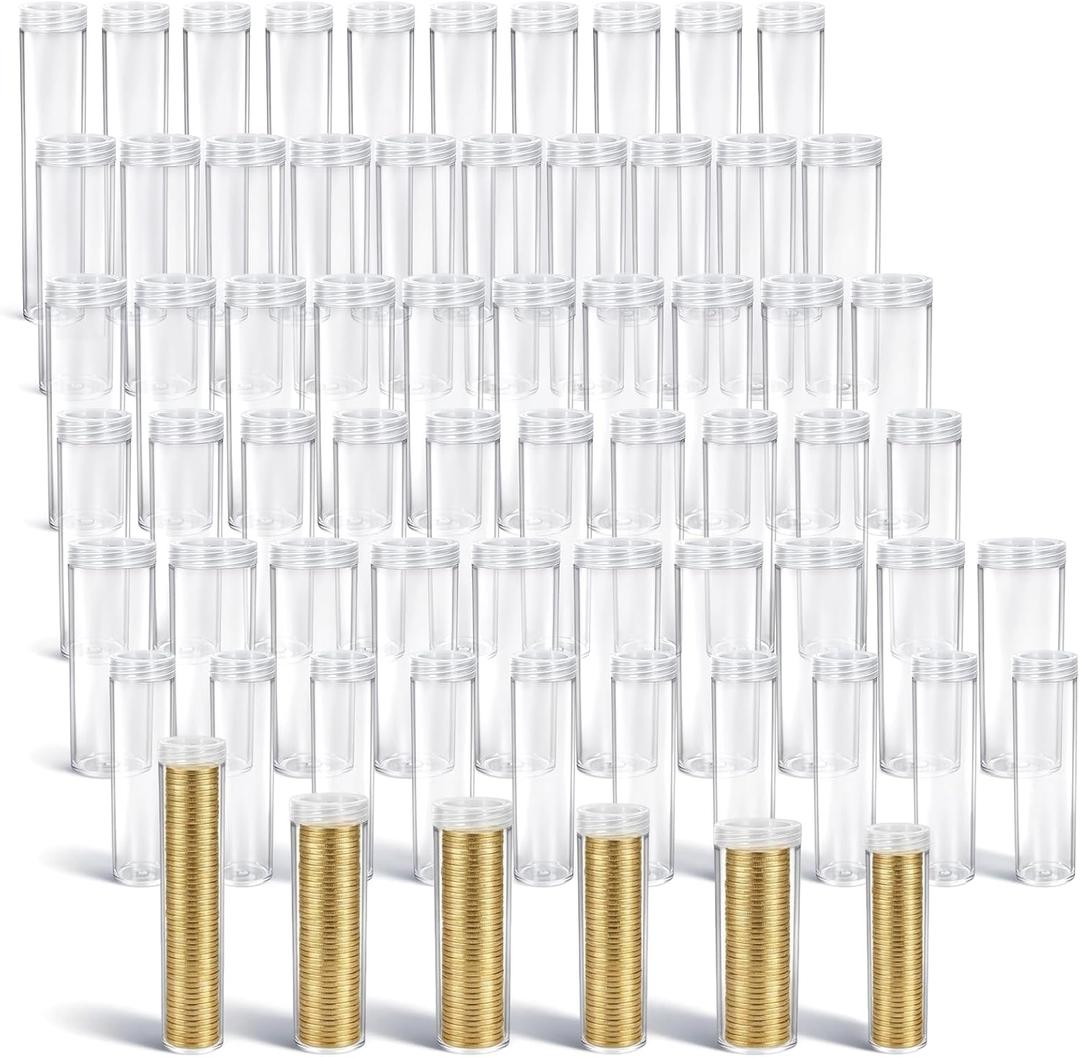 60 Pcs Plastic Coin Tubes Assorted Sizes, Round Clear Coins Container, Coin Storage Tube with Screw-on Lid, 6 Sizes Coins Collection Supplies