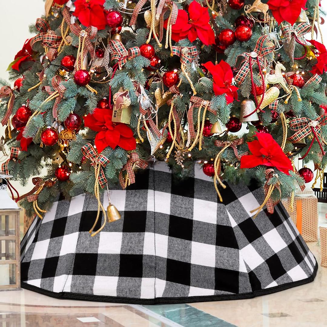 Christmas Tree Collar Velvet Folable Black White Buffalo Plaid Christmas Tree Ring Tree Skirt for Christmas Holiday Tree Decoration