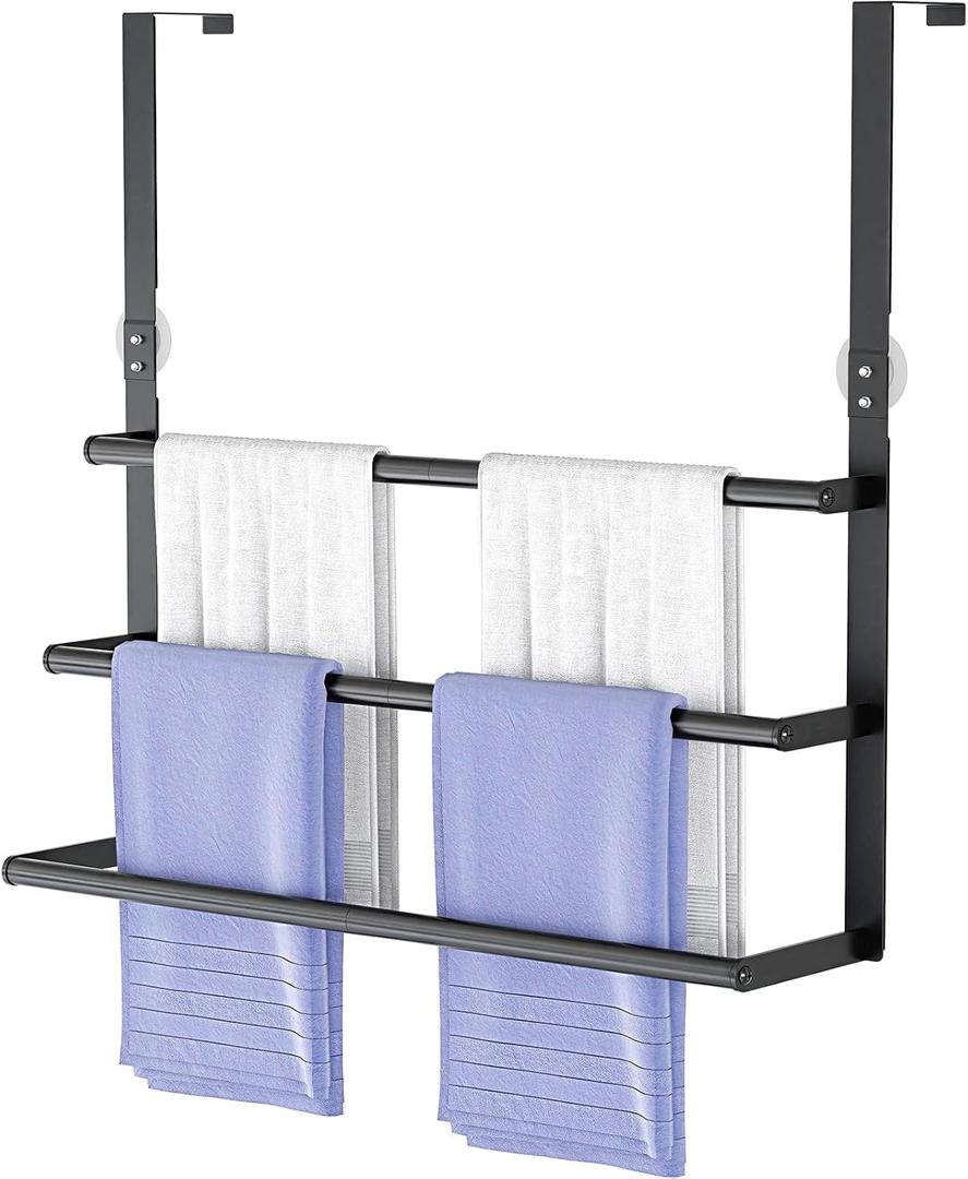 Over The Door Towel Rack, Over Door Towel Racks for Bathroom Door, 3 Tier Towel Storage Hanger Holder for Bathroom Accessories, 24 Inch Towel Bar for Hanging Towels, Black