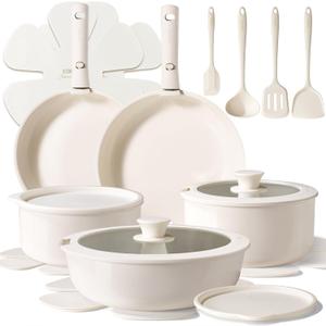 CAROTE 19pcs Pots and Pans Set Non Stick, Ceramic Cookware Sets, Oven/Fridge Safe, Space Saving Pots Set, Nonstick Cooking Set with Versatile Detachable Handle, Induction RV Set, Cream White