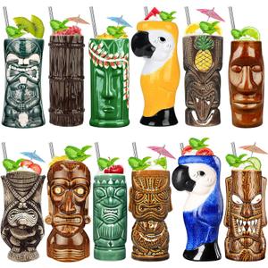 Tiki Mugs Cocktail Set of 12 - Ceramic Tiki Hawaiian Party Cups, Cute Exotic Cocktail Glasses Hawaiian, Bar Professional Hawaiian and Halloween Christmas Party Barware (12PCS), Small