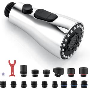 J-HVA Pull Down Kitchen Faucet Sprayer Head Replacement Part, 3 Function kitchen Sink Faucet Replacement Nozzle, Kitchen Faucet Head Hose Spray Tap Spout, Chrome (15 Connectors)