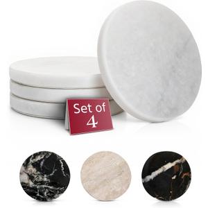 Gusto Nostro White Marble Coasters Set of 4 - Luxury Natural Stone Coasters for Drinks - Genuine Marble Kitchen Accessories, Round Artisanal Stone Coaster for Kitchen Counter, Coffee Table, Home Decor