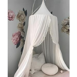OldPAPA Kids Bed Canopy with Pom Pom Hanging Mosquito Net for Baby Crib Nook Castle Game Tent Nursery Play Room DecorWhite