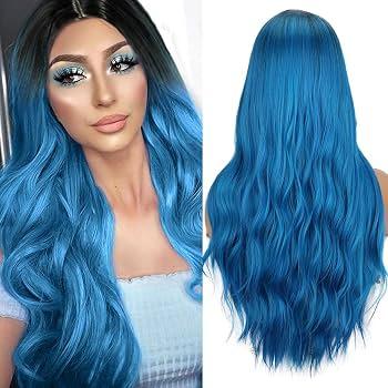 Dark Blue Wavy Long Wigs for Women Natural Curly Middle Part with Light Blue Highlight Hair Heat Resistant Synthetic Wig for Halloween Cosplay Use
