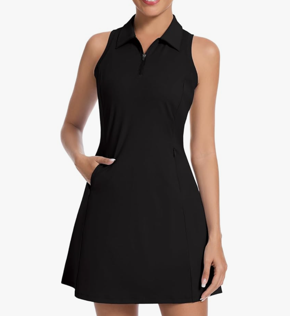 WOWENY Tennis Dress for Women Zip Up Golf Dresses with Built in Shorts and Pockets Sleeveless Athletic Workout Dress, L