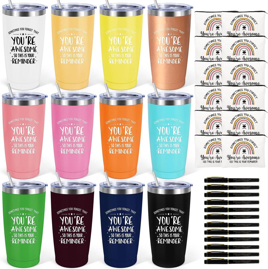 12 Set Employee Appreciation Gifts Bulk, Christmas Gifts for Coworkers Teachers Nurses, 20 OZ Inspirational Stainless Steel Tumbler Makeup Bags Pen Thank You Gift For Women Men Team Staffs (Sometimes)