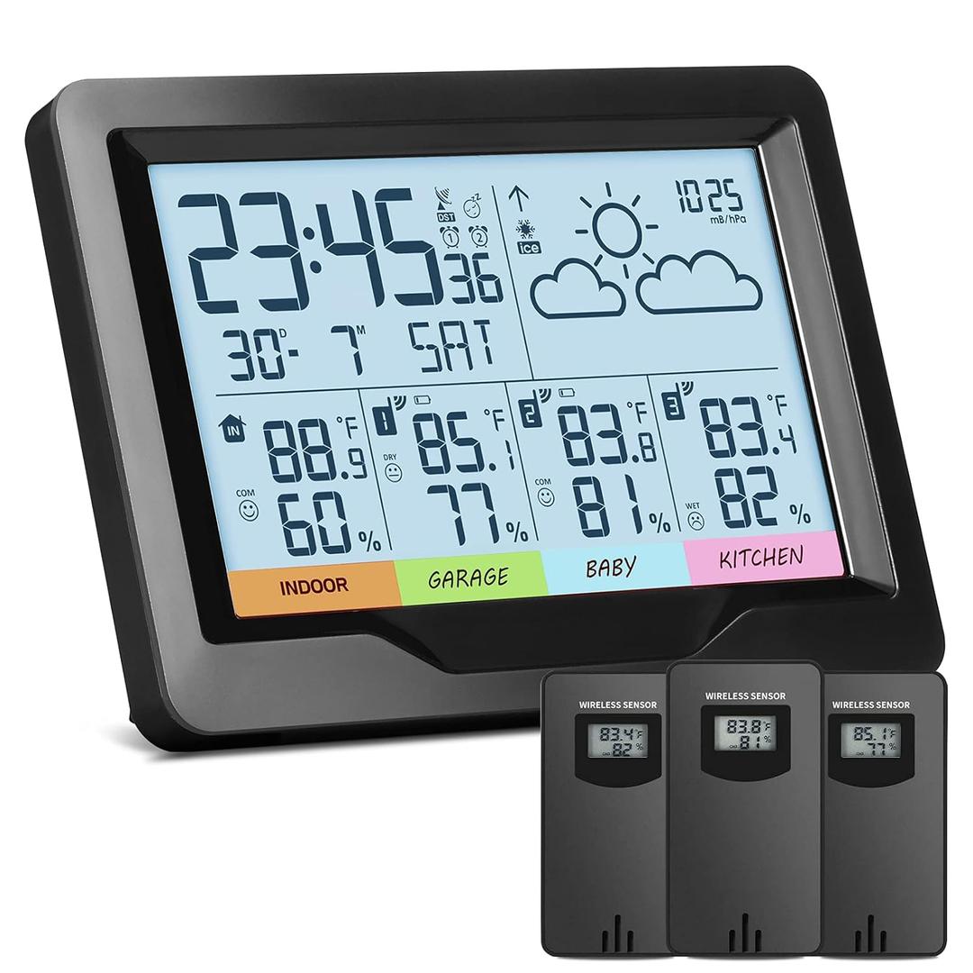 Weather Station Wireless Indoor Outdoor with 3 Sensors, Indoor Outdoor Thermometer with Digital Atomic Clock & Dual Alarm, Temperature Humidity Monitor and Barometer with Backlight for Forecast
