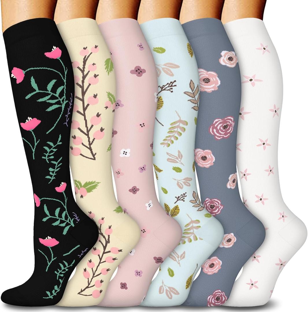 FuelMeFoot 6 Pairs Compression Socks for Women & Men 15-20mmHg Graduated Support Knee High Socks for Nurses, Travel, Athletic (Large-X-Large, 01 Assort - Black/Blue/Grey/Pink/Beige/White)