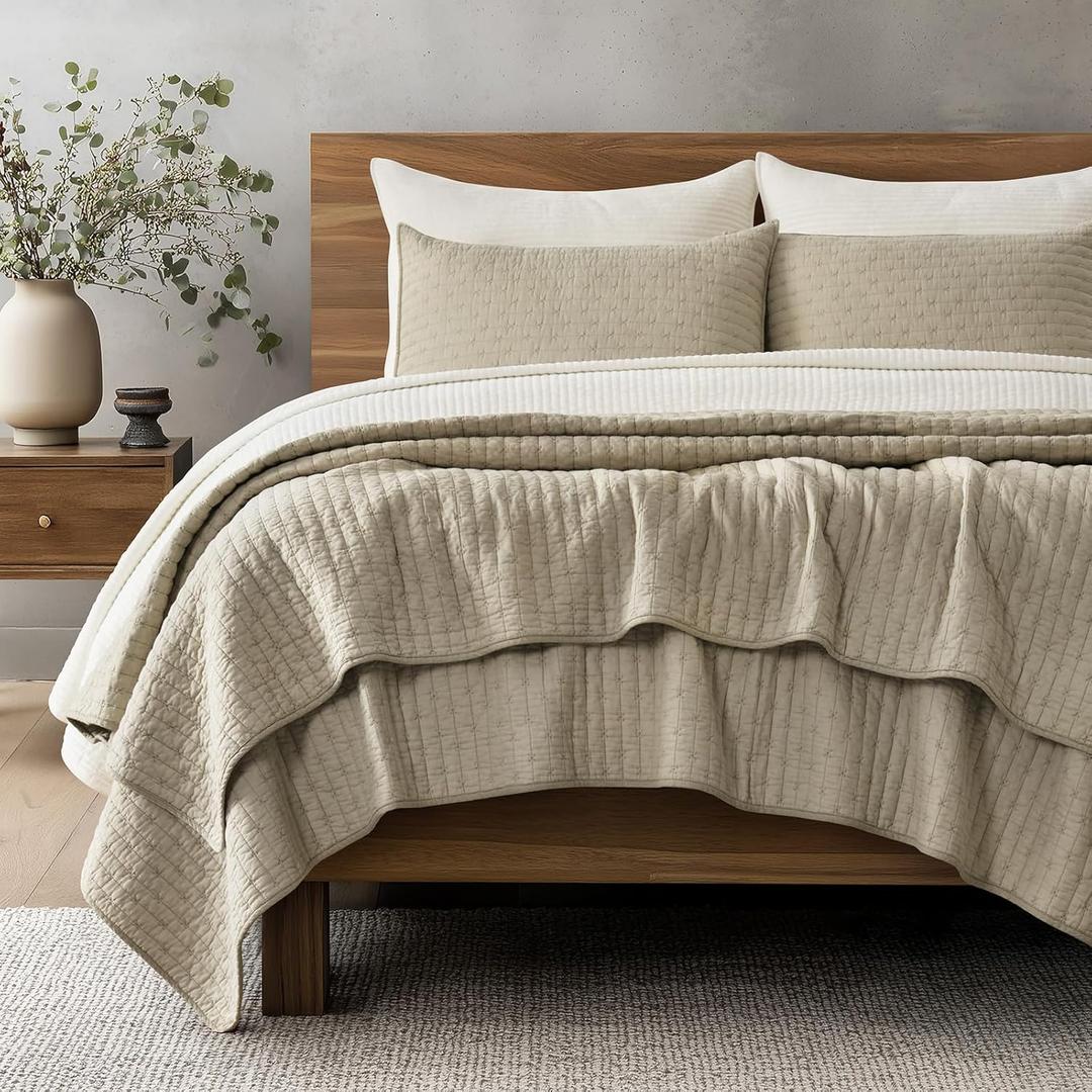 EVERGRACE Cross Stitch Pre-Washed Cotton Quilt Bedding Set King Size, Oversized 3 Pieces Lightweight Bedspread Coverlet for All Season, with 2 Matching Shams, Driftwood, 108"x96"