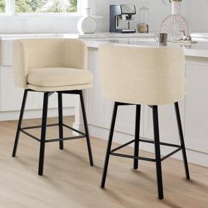 26" H Counter Height Swivel Bar Stools Set of 2, Barrel Counter Stools with Backrest, Linen Fabric Upholstered Barstools with Metal Legs for Kitchen Island,Sand