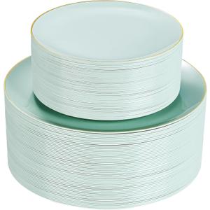 PULOTE 100PCS Sage Green Plastic Plates - Disposable Sage Green Include 50 Dinner / 50 Dessert Plates for Party, Wedding&Easter