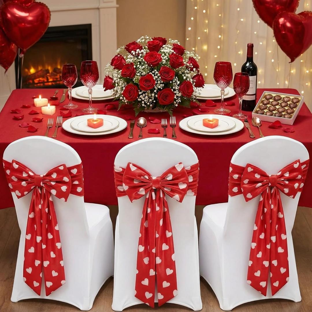 Suncalla 10 Pcs Valentine's Day Satin Chair Sashes Red Love Heart Dining Chair Cover 24 x 13'' Red Bows Elastic Reusable Back Ribbon Bows Cover for Wedding Events Anniversary Bridal Banquet Party