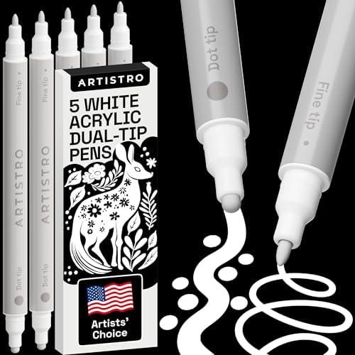 ARTISTRO 5 White Dual-Tip Acrylic Paint Pens - 5mm Dot + 1mm Fine Tips - Multisurface Markers for Fabric, Glass, & More