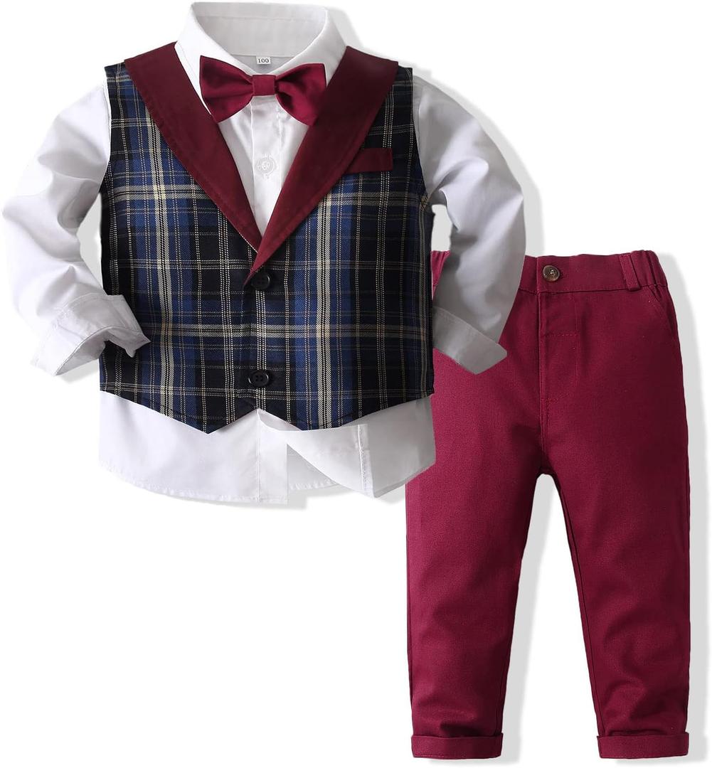 Kimocat Baby Boys Gentleman Bowtie Formal Outfit Suits Tuxedo Vest Wedding Party Suit (4T, Red)