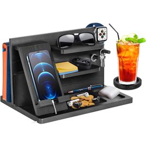 Gifts for Men Bedside Organiser Wood Phone Docking Station Dad Birthday Gifts for Him Nightstand Key Wallet Watch Stand Mens Gifts for Xmas Presents for Dad Husband Boyfriend Anniversary & Christmas (Black)