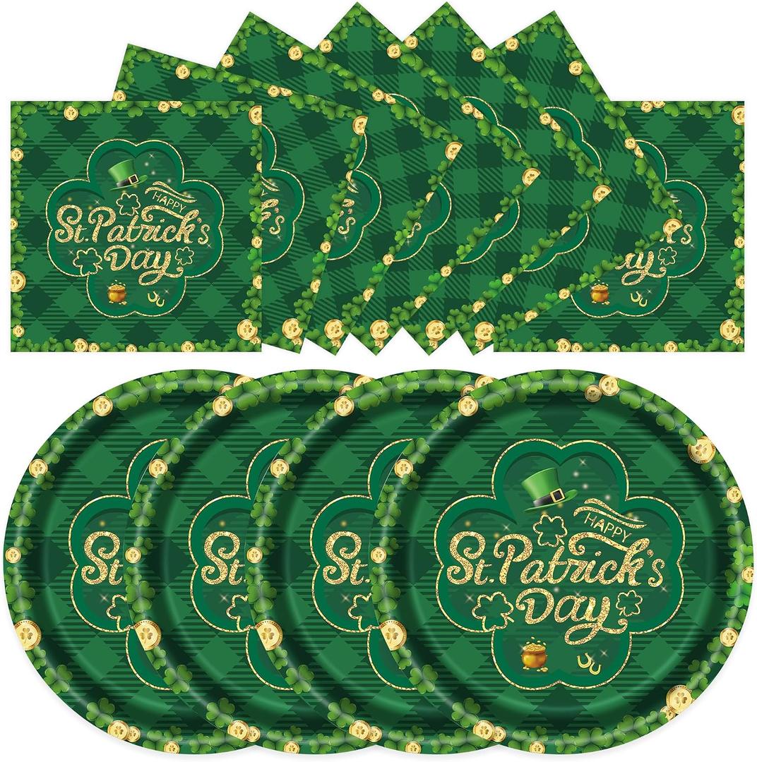40PCS St. Patrick's Day Paper Plates and Napkins Set - 9inch Dinner Plates and 6.5inch Paper Napkins, Disposable Green Lucky Shamrock Tableware for St Patrick's Day Irish Party Decoration