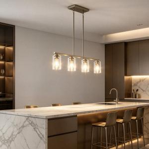 4-Light Brushed Nickel Clear Glass Linear Chandelier, Adjustable Height Modern Kitchen Pendant Lighting Over Island, Modern Kitchen Hanging Lights for Dining Room, 4 Light-31in