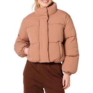 Amazon Essentials Women's Cropped Full-Zip Puffer Jacket (Quilted Matte or Sherpa Fleece) (Large, Light Brown)