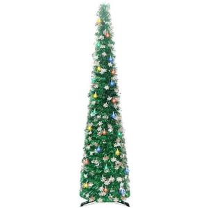 5Ft Pop Up Christmas Tree with Lights, Collapsible Pencil Tree Green, Skinny Christmas Tree Slim Xmas Tree, Artificial Tinsel Tree Foldable for Home Apartment Holiday Party Winter Decor